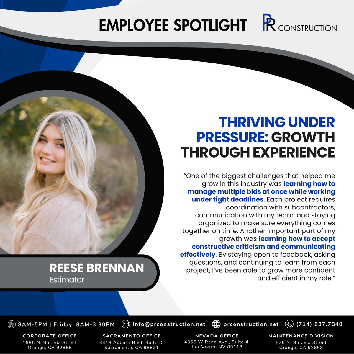 PRConstructionI's tweet photo. Reese Brennan on growth in construction: managing multiple bids, coordinating teams, and staying organized under pressure builds both skill and confidence—driven by learning and feedback.

Let’s keep hashtag#BuildingLegacy together—we’re with you hashtag#EveryStepOfTheWay https://t.co/ja6nJbIX8J