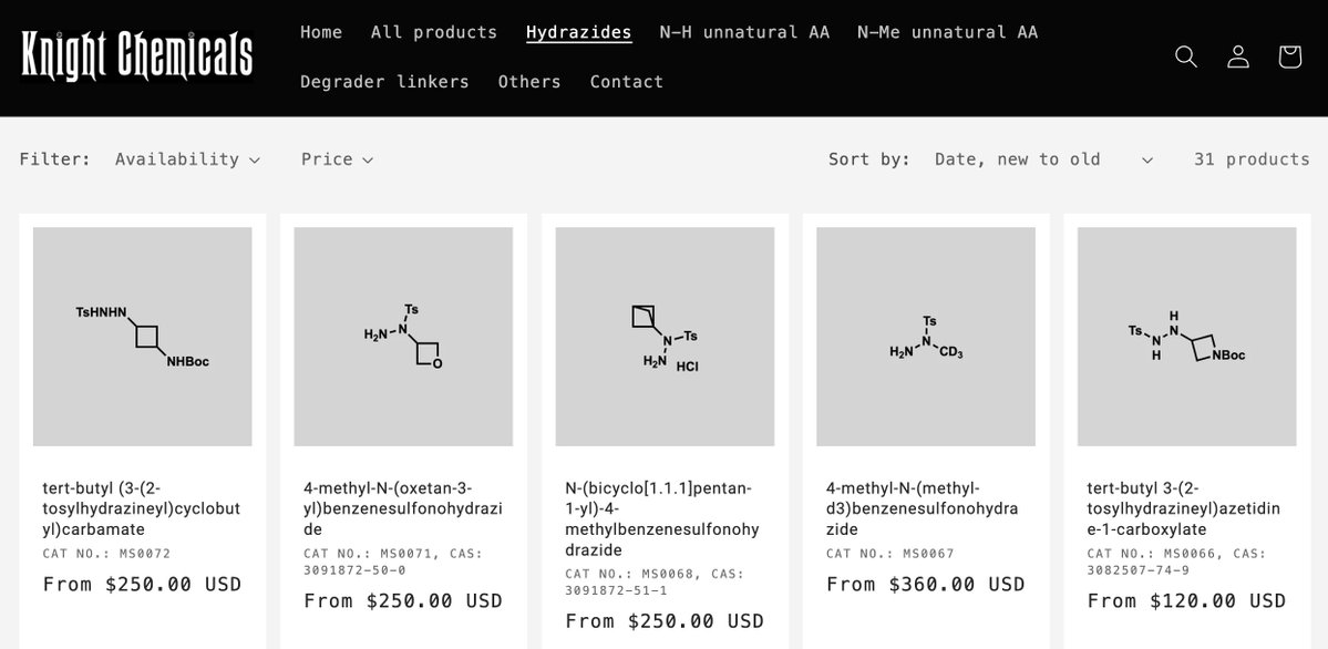 knight_chem's tweet image. Skip the Mitsunobu, go straight to the hydrazide. 

Our growing collection of sulfonyl hydrazides are the cheapest on the market and get to your bench quickly with same-day shipping.

#knightchem #medchem #sulfonylhydrazides