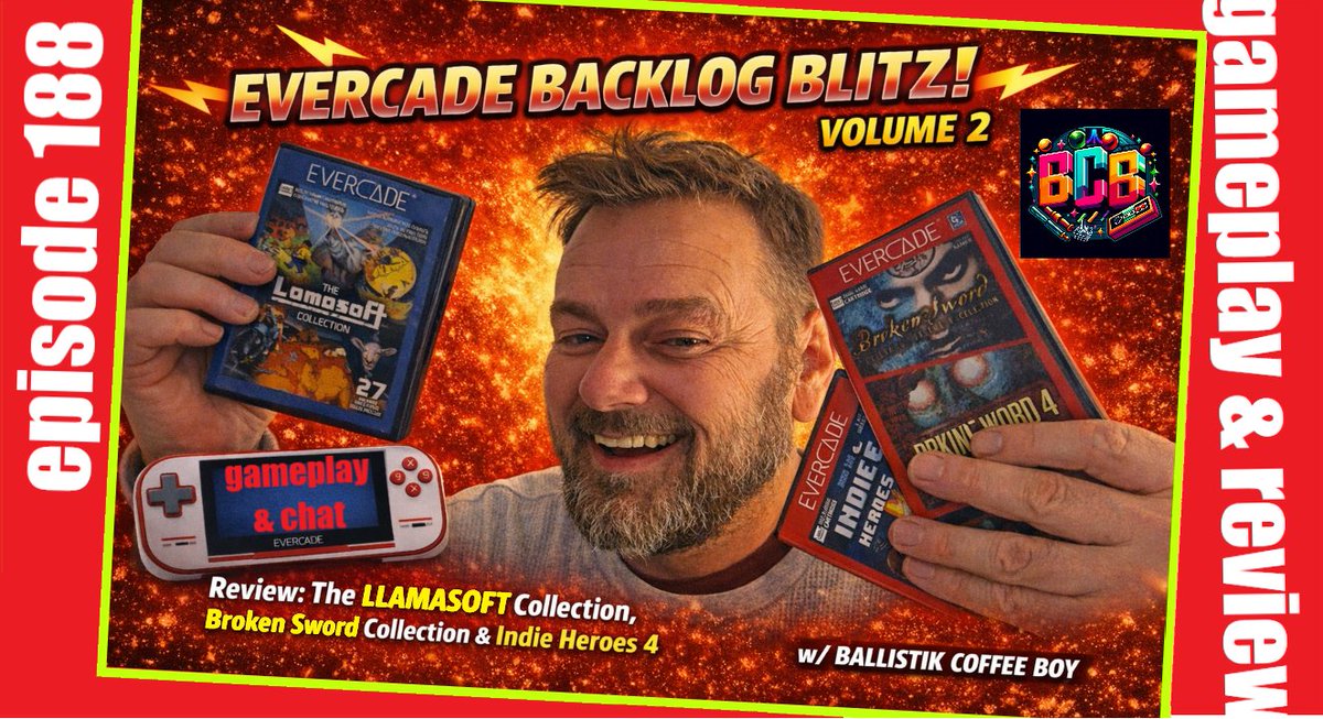 ballistikcoffee's tweet photo. TONIGHT on #BCB! I continue on w/ my #Evercade #Backlog Blitz! In Vol 2, I #unbox & play The #Llamasoft Coll, #BrokenSword Collection & #IndieHeroes4! That's 40 #games! Which cart is my fave & which is not? 7p MT! #Gaming @evercaderetro #jeffminter Link: https://t.co/DXPj0ozWki https://t.co/4dwLHOYAqG