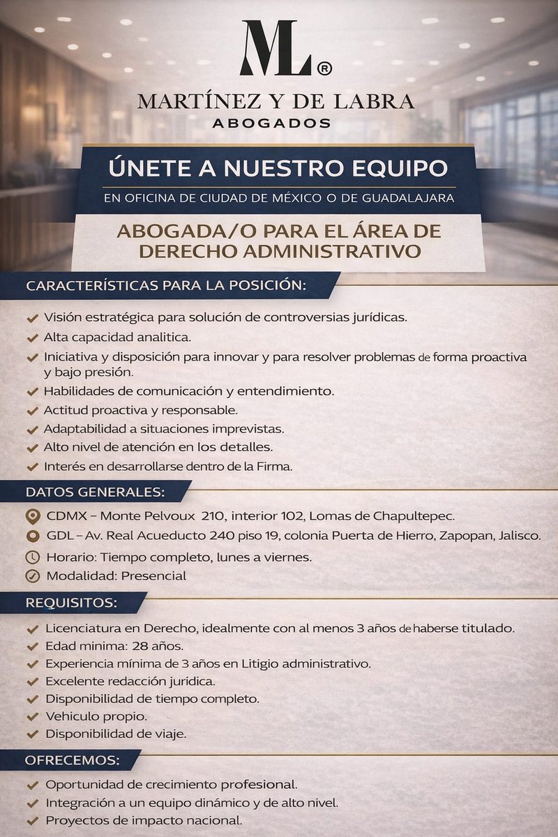 MLABOGADOSMX's tweet photo. Ofrece:
• Crecimiento profesional.
• Integración a un equipo dinámico y de alto nivel.
• Proyectos de impacto nacional.
Interesados:
Mandar  CV c/atención a los licenciados:
• Julián Enrique Matute García –
jmatute@fmlsc.mx
• Alfredo Delgado Ahumada
adelgado@fmlsc.mx https://t.co/CO1zJurRaq