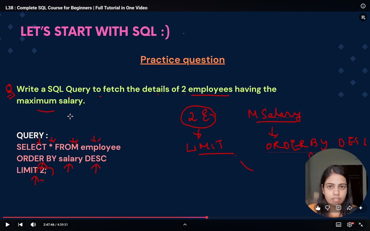 1drie5's tweet image. L38 (22)

sql clauses control data flow:

&amp;gt; where = filter rows.
select * from emp where age &amp;gt; 20;

&amp;gt; order by = sort (asc/desc).
select * from emp order by salary desc;

&amp;gt; limit = restrict count.
select * from emp limit 5;

combine to find "top n" records!

#DBMS #SQL #Databases