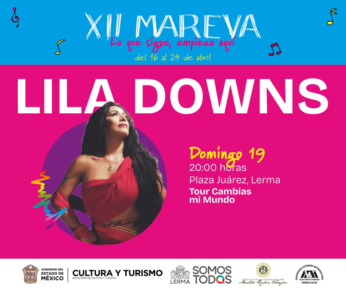 Ven a bailar y a disfrutar del talento incomparable de nuestra querida Lila Downs  🎶. Vive una noche llena de color, tradición y las mejores vibras.

Te esperamos en el Festival Cultural #MAREVA…
porque lo que sigue, empieza aquí.
#LermaSomosTodos
#Evento