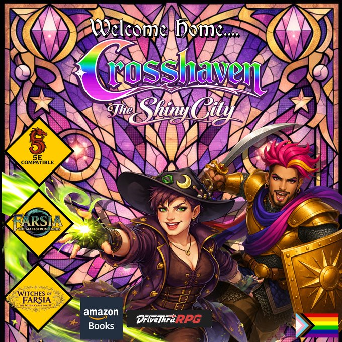 Relentlessbooks's tweet photo. Crosshaven: The Shiny City. A 5E city supplement for the LGBTQ+ community. Welcome Home.
Amazon: https://t.co/XUKKfQhIkj
DTRPG: https://t.co/9PAZfTlf9p
#DnD #5e #TTRPG #QueerTTRPG #dndcommunity #LGBTQ #Lgbtqa #ttrpgcommunity https://t.co/V5VwoxSwYp