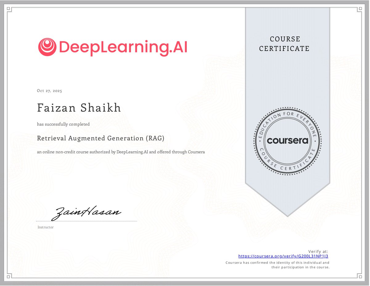 mfaizanshaikh's tweet photo. I’ve completed these AI courses to sharpen my skills.

1- Retrieval Augmented
2-Generative AI Engineering and Fine-Tuning Transformers
3- Agentic AI
4- Claude Code: A Highly Agentic Coding Assistant
5- Finetuning Large Language Models

Thanks to @DeepLearningAI  and @coursera https://t.co/Ii2gVLtzvK