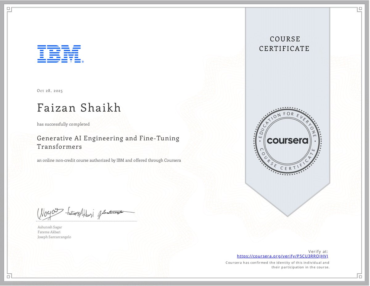 mfaizanshaikh's tweet photo. I’ve completed these AI courses to sharpen my skills.

1- Retrieval Augmented
2-Generative AI Engineering and Fine-Tuning Transformers
3- Agentic AI
4- Claude Code: A Highly Agentic Coding Assistant
5- Finetuning Large Language Models

Thanks to @DeepLearningAI  and @coursera https://t.co/Ii2gVLtzvK