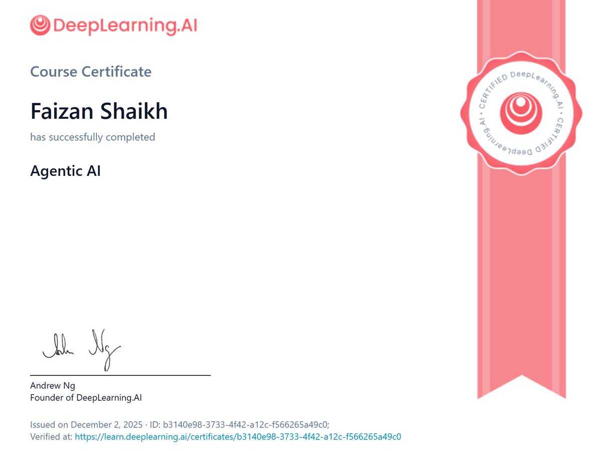 mfaizanshaikh's tweet photo. I’ve completed these AI courses to sharpen my skills.

1- Retrieval Augmented
2-Generative AI Engineering and Fine-Tuning Transformers
3- Agentic AI
4- Claude Code: A Highly Agentic Coding Assistant
5- Finetuning Large Language Models

Thanks to @DeepLearningAI  and @coursera https://t.co/Ii2gVLtzvK
