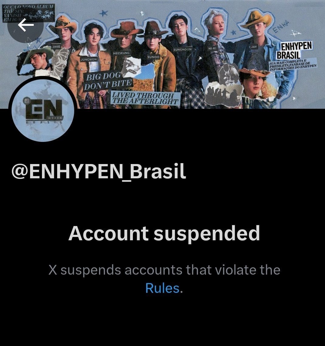NerdyEN7's tweet photo. Hello @X , @Support, 

I’ve been following @ENHYPEN_Brasil for a long time and saw that their account got suspended all of a sudden. 

The account owner has never violated any X rules. Please look into this ASAP &amp; restore their account! Thank you! https://t.co/5RZP0oCg5d