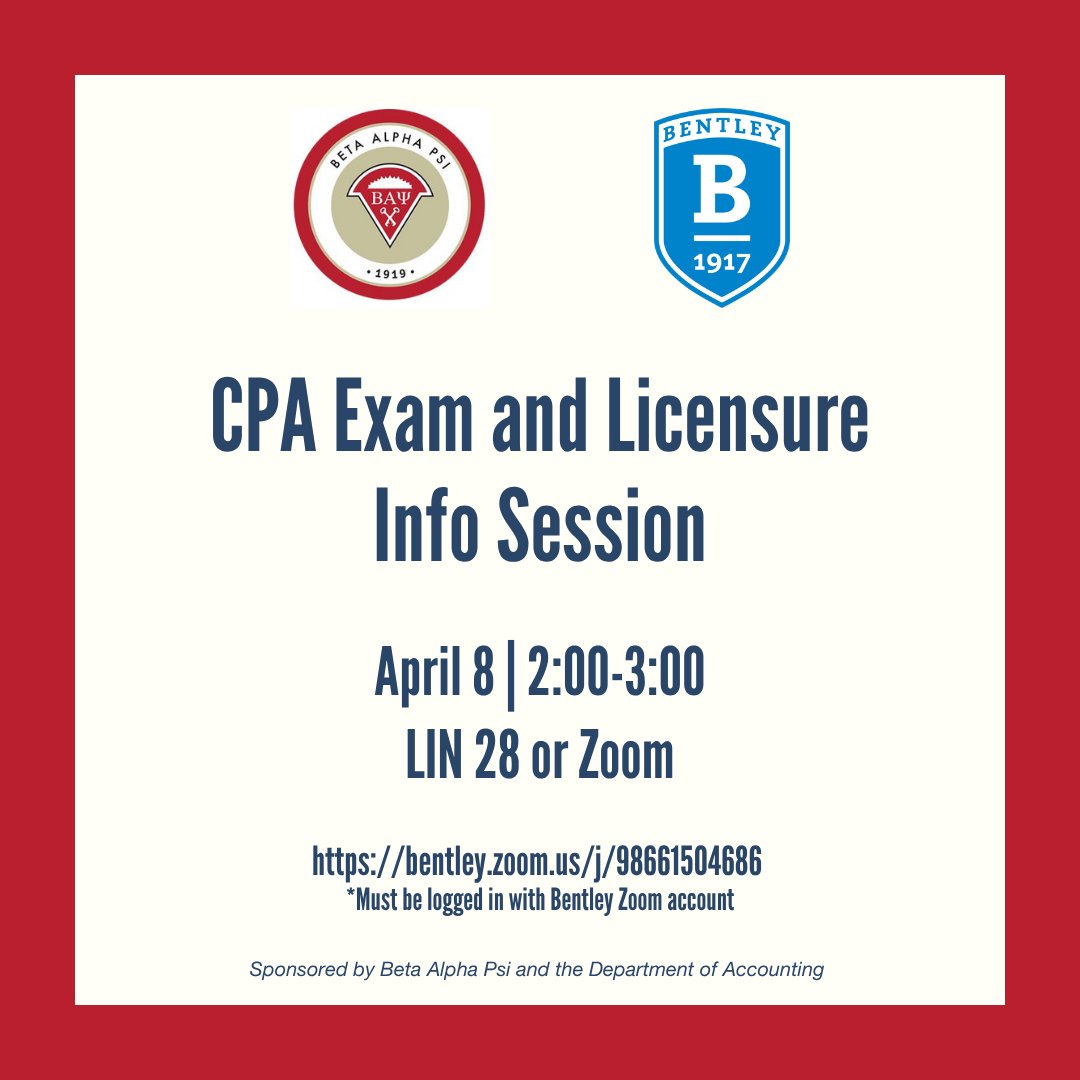BentleyAcctDept's tweet image. Thinking about the CPA? Join us Wednesday for our info session and learn the latest CPA requirements and tips for success! #bentleyu #accounting