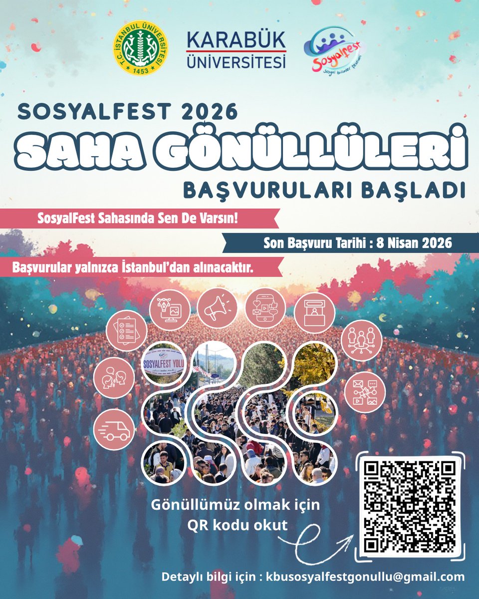 istuniresmi's tweet photo. ✨ SosyalFest 2026’da Sen de Yerini Al!

İstanbul Üniversitesi ev sahipliğinde 10–11 Mayıs 2026 tarihlerinde düzenlenecek SosyalFest için gönüllü başvuru süreci başladı.

Sosyal bilimler alanında deneyim kazanmak, farklı şehirlerden öğrencilerle güçlü bir ağ kurmak ve büyük bir organizasyonun mutfağında yer almak isteyen öğrencilerimizi bekliyoruz.

🔹 Çekirdek Gönüllü Ekip
🔹 Saha Gönüllüleri

📍 Başvurular yalnızca İstanbul’dan kabul edilecektir.

📅 Son başvuru tarihi: 8 Nisan 2026

Başvurusu onaylanan adaylar, süreçle ilgili bilgilendirmelerin yapılacağı WhatsApp grubuna dahil edilecektir.

📩 Ayrıntılı bilgi ve iletişim: kbusosyalfestgonullu@gmail.com