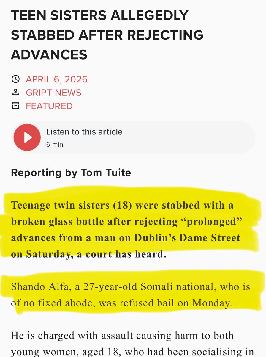 Nick_Delehanty's tweet photo. Two teenage girls stabbed by a Somali man on Dame street this weekend.

Why are so many Somali men now living in the city centre ?

While IPAS owners make BILLIONS. 
We are paying for our own demise. 

This is not ok. 
Man up and speak out. https://t.co/FkvxPmIIVt