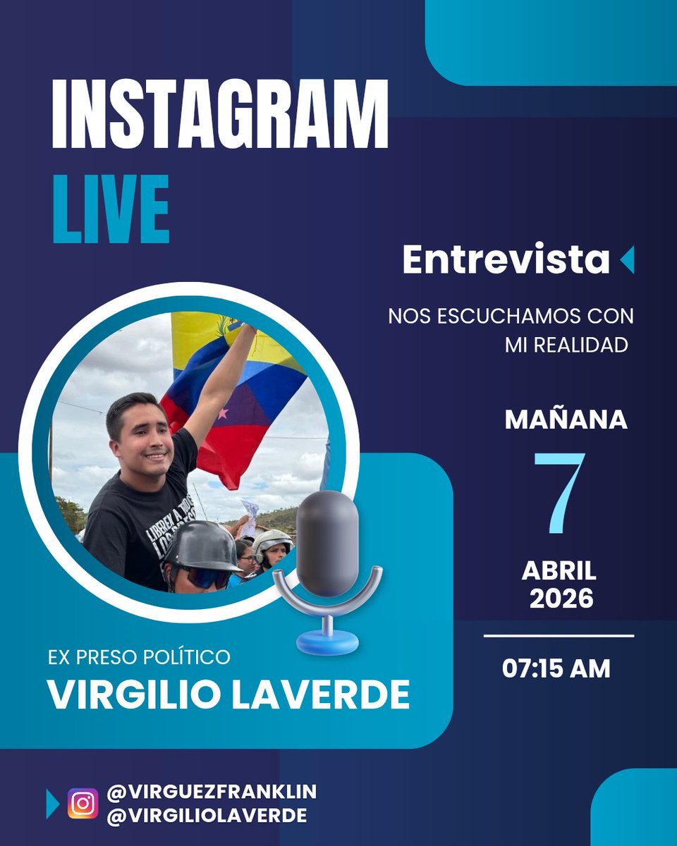 VenteJBolivar's tweet photo. Mañana #7DeAbril nuestro coordinador Regional Juvenil @LaverdeVirgilio , Hablara un poco sobre su experiencia vivida siendo Ex Preso Político. https://t.co/yfH7jNMwc8