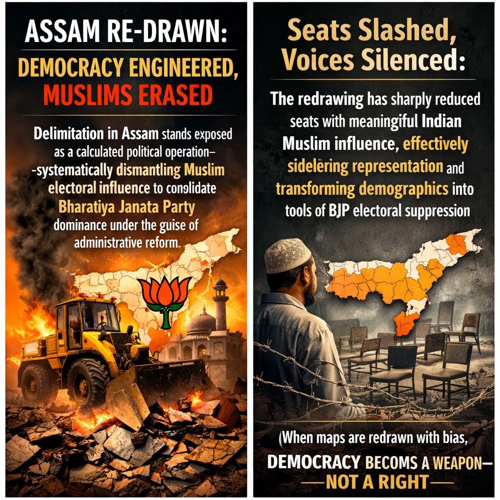 SiddiquiPk47's tweet image. Delimitation in Assam stands exposed as a calculated political operation—systematically dismantling Muslim electoral influence to consolidate Bharatiya Janata Party dominance under the guise of administrative reform

#indiastandswithparamilitary #Algérie