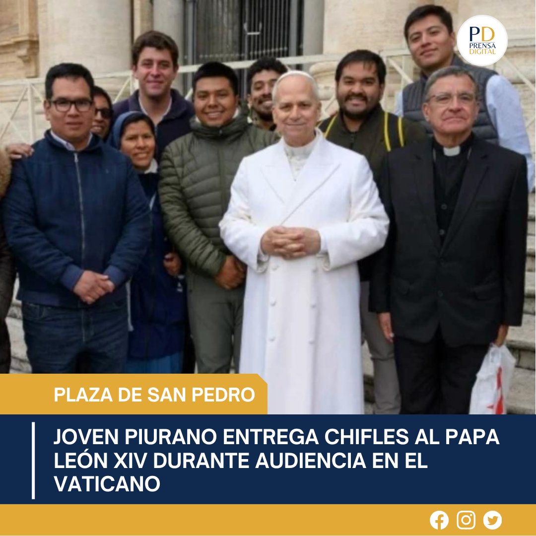 PrensaDG's tweet photo. Un joven piurano entregó chifles al papa León XIV durante la audiencia general en el Vaticano. El gesto destacó el sabor del norte peruano y recordó el vínculo del pontífice con Chulucanas, donde inició su misión en los años 80. 🇵🇪✨
🔗 https://t.co/L73302Mlcw https://t.co/ZRCqpqL86Z
