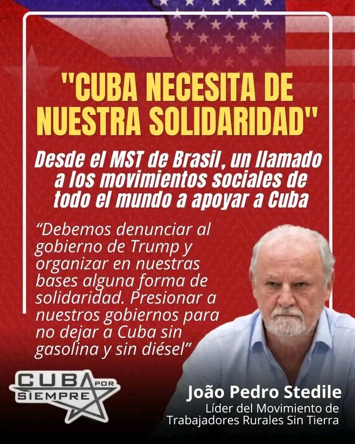 🇧🇷🇨🇺 El dirigente João Pedro Stedile, representante del Movimiento de Trabajadores Rurales Sin Tierra (MST) de Brasil —uno de los movimientos sociales más grandes de América Latina— hizo un llamado urgente a la solidaridad con el pueblo de Cuba. 

#CubaNoEstáSola
#TumbaElBloqueo