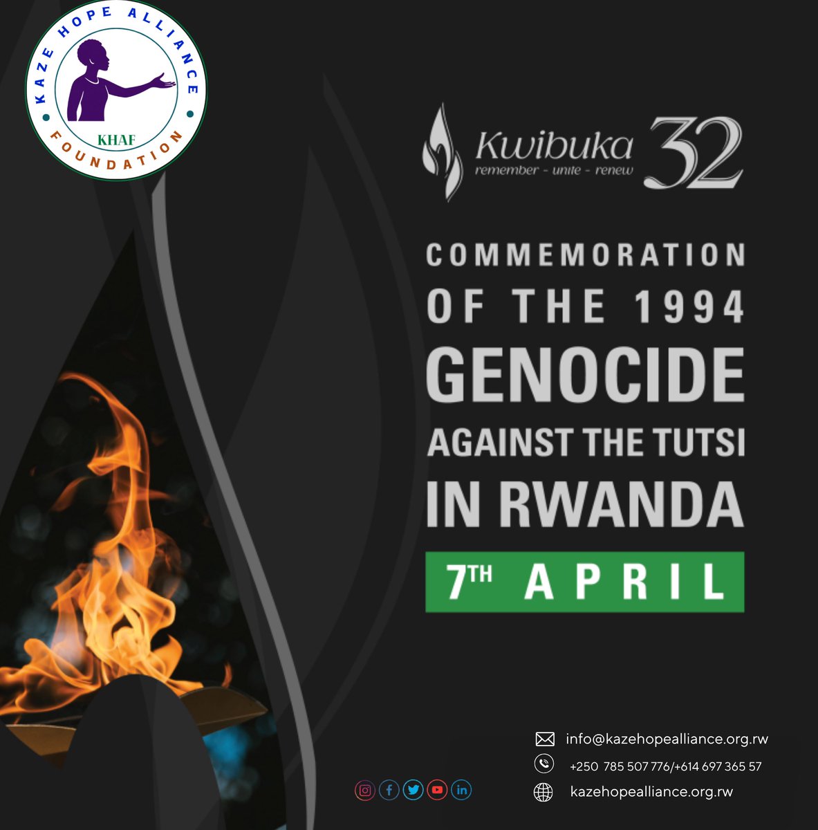 Kaze_KHAF's tweet photo. 🕯️ Kwibuka32 – Remember • Unite • Renew

On April 7, 2026, KHAF joins Rwanda in honoring the victims of the 1994 Genocide against the Tutsi.

Through psychosocial support, counselling services, and #YourVoiceMatters
🌐 https://t.co/I5kfo8N8BQ
#Kwibuka32 https://t.co/8xi30UdjUM