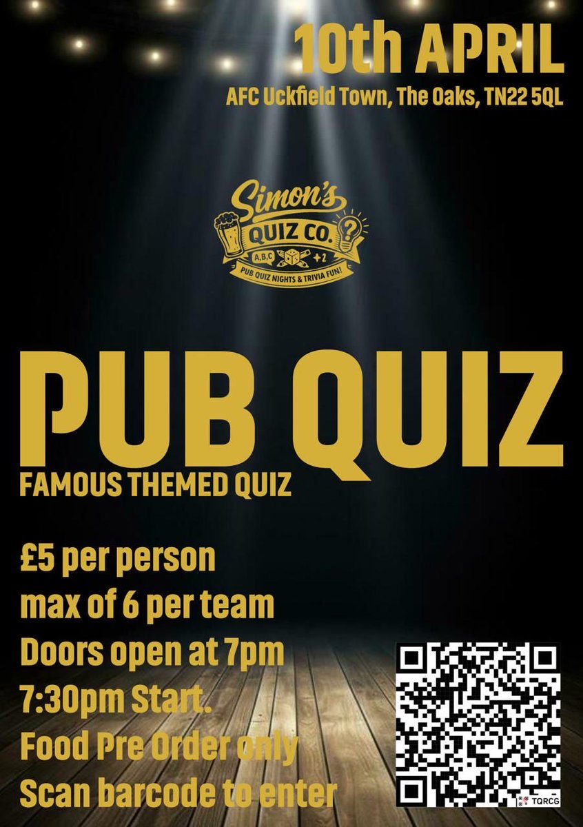 AfcUckfieldTown's tweet photo. This Friday night - The Oaks Quiz night returns 
Get yourself booked in & ready to answer 

Test your knowledge & have a fun evening

📅 10th April
📍 The Oaks, TN22 5QL
🚪 Doors open at 7pm
🎉 Quiz Start at 7:30pm
🍔 Food available – pre order only
Booking Link 🔗 below ⬇️ 
https://t.co/t4L4rsWzUU