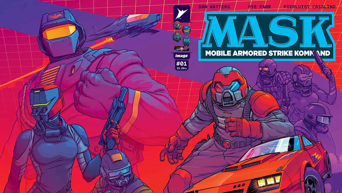 DanPGWatters's tweet photo. M.A.S.K. #1 is on FOC today from @Skybound.

As Earth reacts to aliens &amp; Cobra &amp; all the wicked things of the Energon Universe, this is a book about a super genius who has all the answers, &amp; the team who have to put up with him. 

It's really fun. Really fast. Really explodey. https://t.co/loRJN8isrr