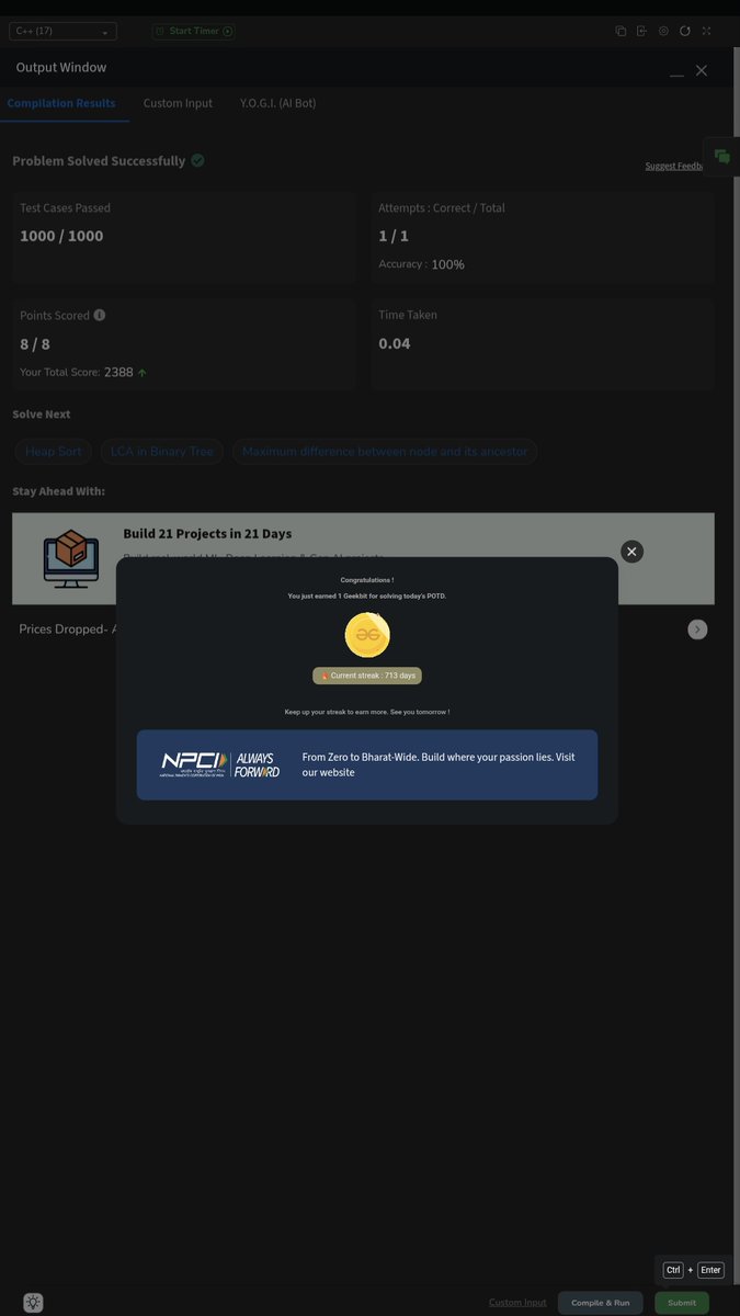 kritibakshi01's tweet image. #Day46 of #GeekStreak60 begins today! 💻  Committing to 60 days of consistent problem solving with GeeksforGeeks powered by National Payments Corporation of India. Consistency &amp;gt; Motivation. Let’s go! 📷 #geekstreak60 #npci #CodingJourney #DSA