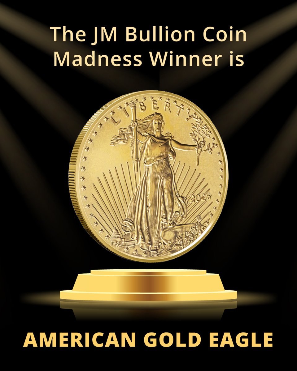 JMBullion's tweet image. 🪙 JM Bullion's Coin Madness – Champion

The votes are in…

🇺🇸 Gold Eagle takes the crown!

After a dominant run, the Gold Eagle is your Ultimate Bullion Champion 🏆

#CoinMadness #Gold #GoldCoins #JMBullion