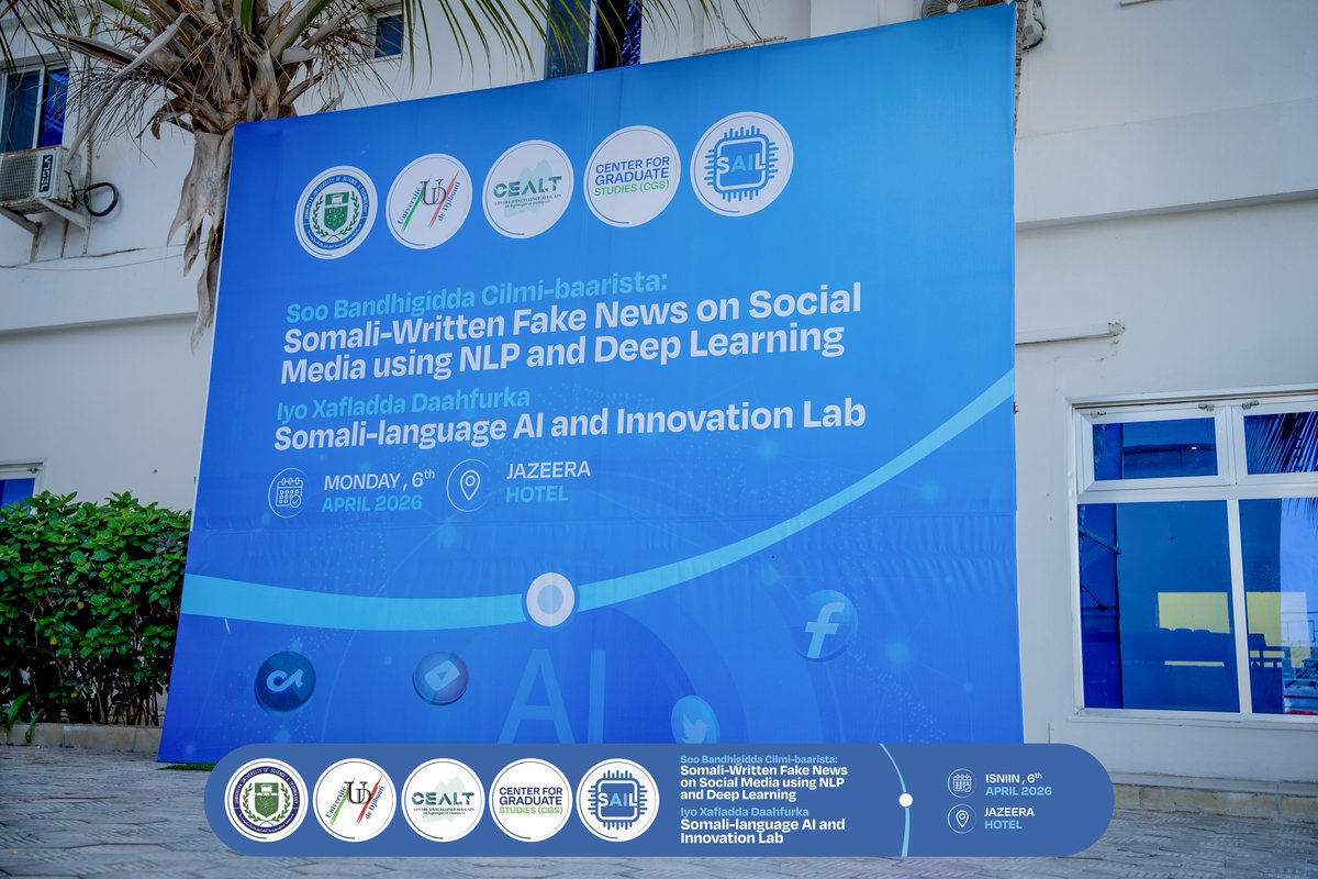 TabaarakICT's tweet photo. Representatives from @TabaarakICT participated today in the closing ceremony of the research project titled “𝐒𝐨𝐦𝐚𝐥𝐢-𝐖𝐫𝐢𝐭𝐭𝐞𝐧 𝐅𝐚𝐤𝐞 𝐍𝐞𝐰𝐬 𝐨𝐧 𝐒𝐨𝐜𝐢𝐚𝐥 𝐌𝐞𝐝𝐢𝐚 𝐮𝐬𝐢𝐧𝐠 𝐍𝐋𝐏 & 𝐃𝐞𝐞𝐩 𝐋𝐞𝐚𝐫𝐧𝐢𝐧𝐠”, as well as the launch of the Somali-language AI and Innovation Lab (SAIL).

This project was a collaboration between the CEAST Institute at the University of Djibouti and the Center for Advanced Studies at @JamhuriyaUniv, It involved several Somali researchers, including Tabaarak ICT’s CTO, Eng. Shafie Abdi.

We commend this milestone and reaffirm our commitment to advancing Somali AI, innovation, and digital transformation.

#TabaarakICT 
#SAIL #GaraadGacmeed #SomaliAI #InnovationLab #NLP #DeepLearning #JUST #LifeAtJUST #CGS #CEALT #SocialMedia #FakeNews