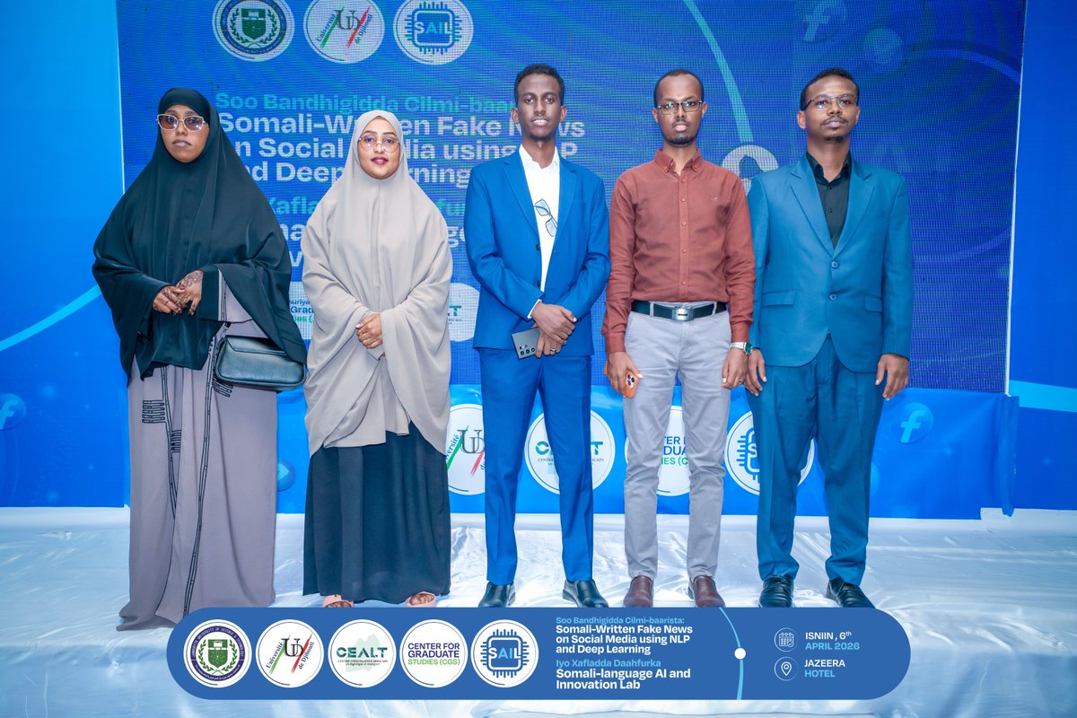 TabaarakICT's tweet photo. Representatives from @TabaarakICT participated today in the closing ceremony of the research project titled “𝐒𝐨𝐦𝐚𝐥𝐢-𝐖𝐫𝐢𝐭𝐭𝐞𝐧 𝐅𝐚𝐤𝐞 𝐍𝐞𝐰𝐬 𝐨𝐧 𝐒𝐨𝐜𝐢𝐚𝐥 𝐌𝐞𝐝𝐢𝐚 𝐮𝐬𝐢𝐧𝐠 𝐍𝐋𝐏 & 𝐃𝐞𝐞𝐩 𝐋𝐞𝐚𝐫𝐧𝐢𝐧𝐠”, as well as the launch of the Somali-language AI and Innovation Lab (SAIL).

This project was a collaboration between the CEAST Institute at the University of Djibouti and the Center for Advanced Studies at @JamhuriyaUniv, It involved several Somali researchers, including Tabaarak ICT’s CTO, Eng. Shafie Abdi.

We commend this milestone and reaffirm our commitment to advancing Somali AI, innovation, and digital transformation.

#TabaarakICT 
#SAIL #GaraadGacmeed #SomaliAI #InnovationLab #NLP #DeepLearning #JUST #LifeAtJUST #CGS #CEALT #SocialMedia #FakeNews