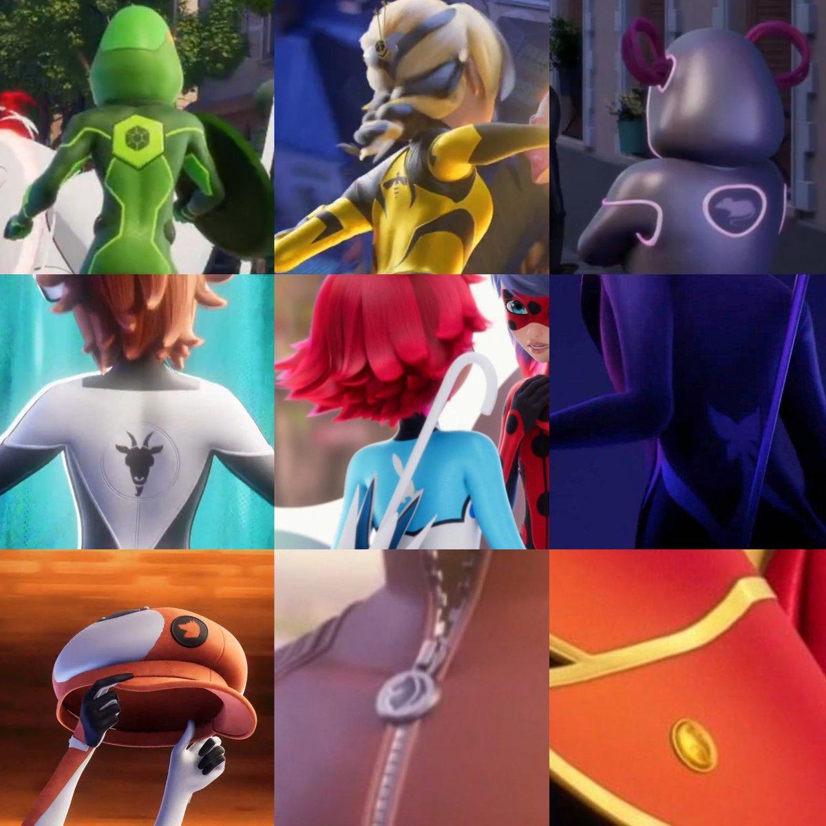 MLBMiraculousBR's tweet photo. 🚨Todos os portadores (até a Chrysalis) apresentam seus símbolos nos trajes. A maioria está nas costas, já o da Miss Hound no boné, do Pegasus no zíper e do Rooster Bold num par de broches.

#MLBS6 #mlbtwt #Miraculous #MiraculousSeason6 #mlbs6leaks #MiraculousNews #MLBS6Spoilers https://t.co/flyVLNgAb0