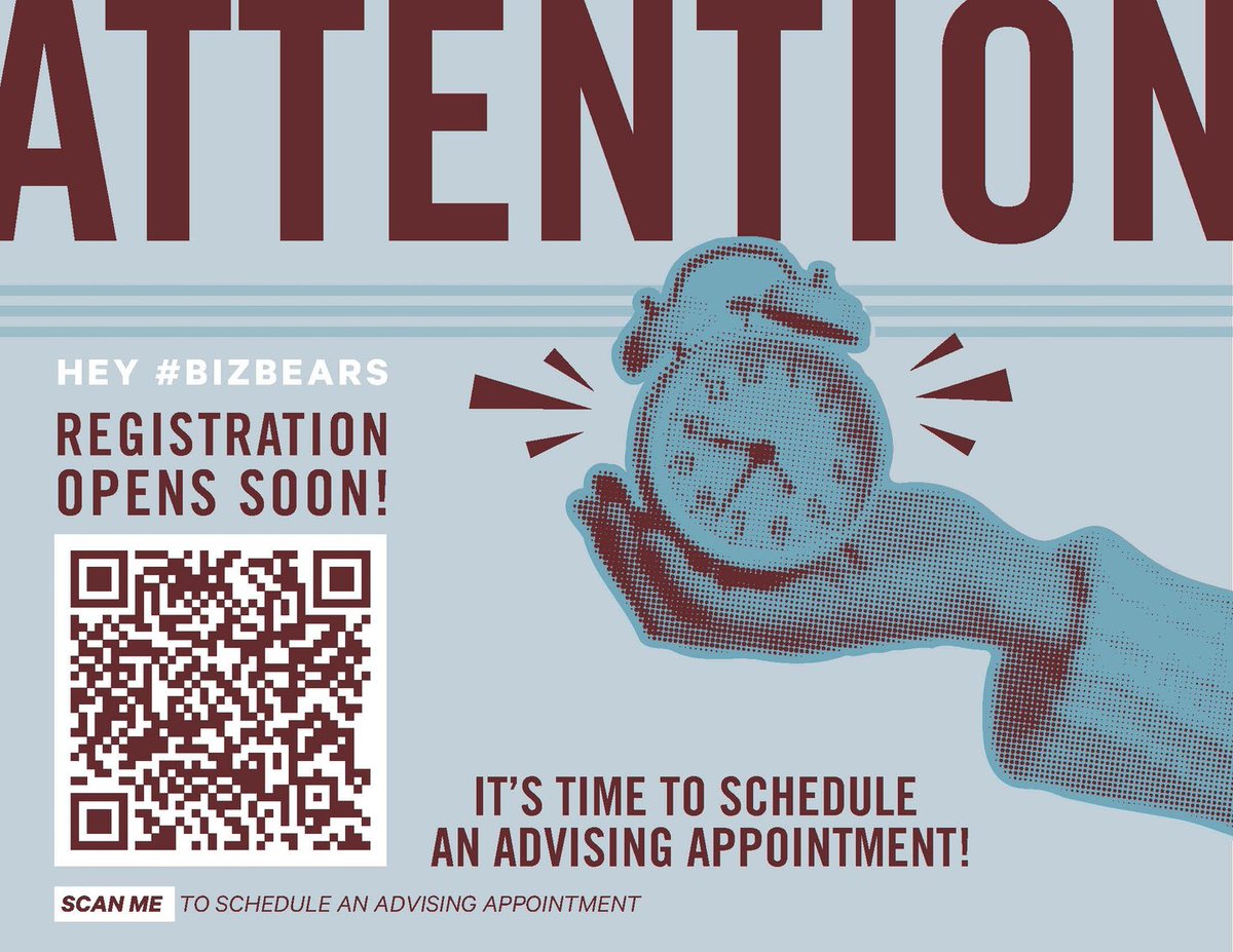 MOStateCOB's tweet photo. Attention BizBears 🚨‼️ Registration is open for the Fall 2026 semester!  Make sure to schedule your advising appointment before the end of the semester. https://t.co/RHlgmy2XYv