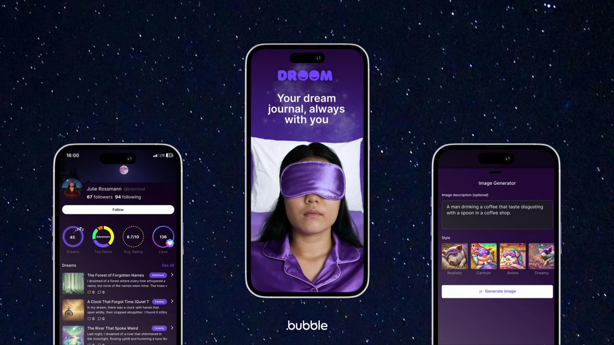 emmanuel_s's tweet photo. Builders have been shipping native mobile apps to the App Store on Bubble for almost a year, and most of them are flying under the radar. Every Monday I'm spotlighting one. Starting with Droom — an AI dream journal that generates art, tracks patterns, and connects dreamers.

https://t.co/0LjDKSGty6