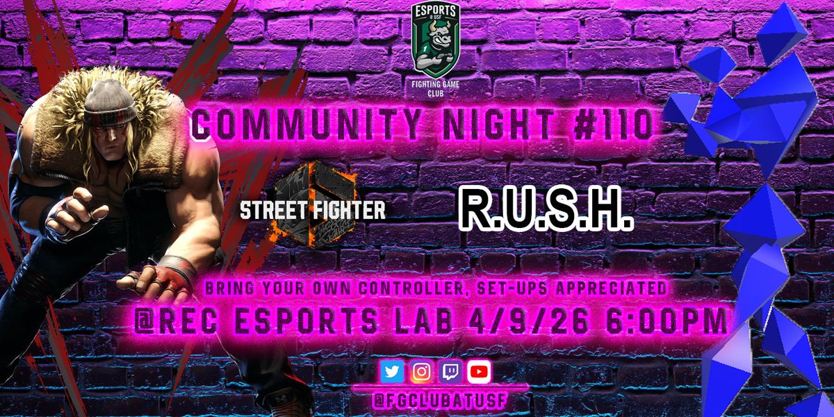 FGClubAtUSF's tweet photo. PSA: We at the USF FGC do not condone what Alex has done he is just on the graphic because he is the new guy.

COME JOIN US FOR THE LAST SF6 BRACKET OF THE SEMESTER AND COLEON'S LAST Officer pick: R.U.S.H.

Register Now! 
Registration linktree: https://t.co/SagPCF1tmQ https://t.co/Akv2WagKfc