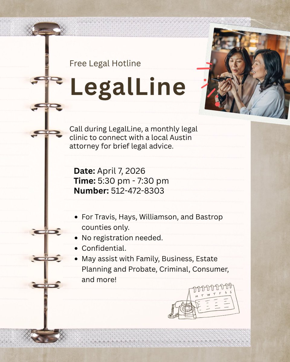LegalLine is tomorrow! Give us a call between 5:30 to 7:30 pm at 512-472-8303 to connect with an attorney who can answer brief legal questions for free! 

For Travis, Williamson, Hays, and Bastrop co.