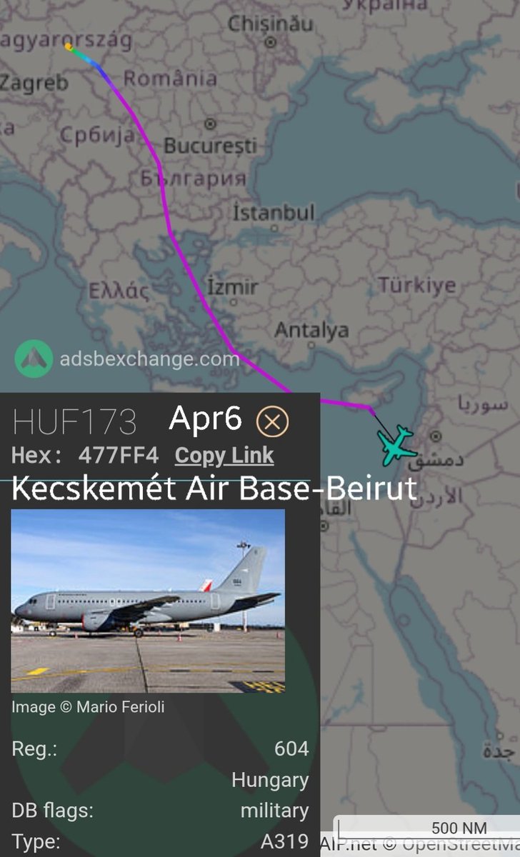 LebanonJets's tweet photo. #Hungary AirForce A319 #604 #477FF4 invisible on commercial tracking sources just landed in #Beirut from Kecskemét AirBase as #HUF173 same airframe was last in Lebanon on Nov14, 2025. Only 16 troops in #UNIFIL as of Mar30 https://t.co/lzSPVqXmLk