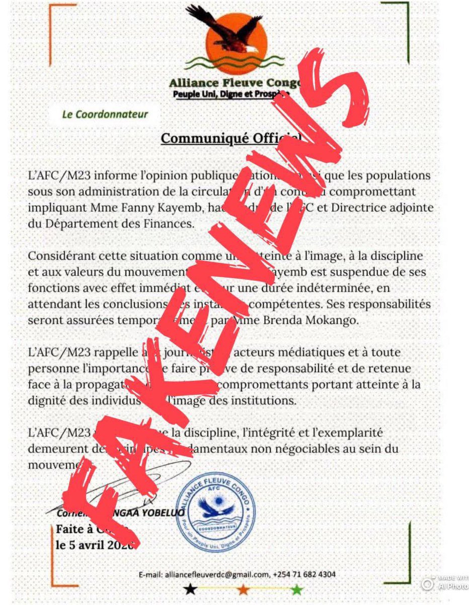 GrandeOrientale's tweet image. ⚠️ #Attention !
Un faux communiqué impliquant Mme Fanny Kaj est en train de circuler. Ce document est FAKE et ne doit pas être pris au sérieux.
Ne relayons pas la désinformation.

#INTOX #INFOX #AFC #M23