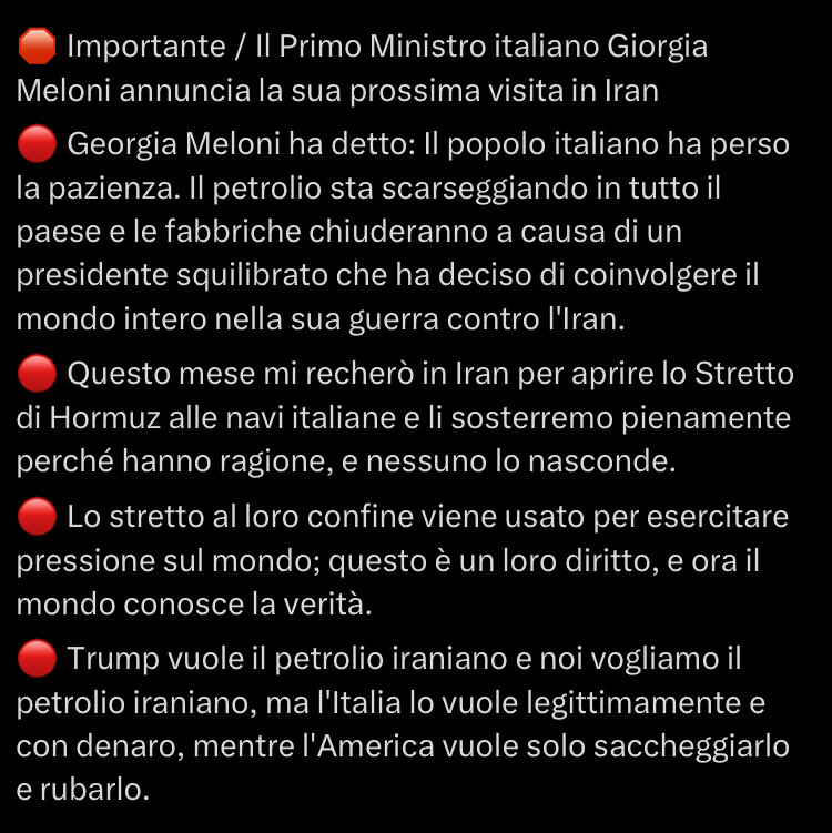 davideravera's tweet image. 🦄❌#FakeNews #USA #Iran #Italia | Poderose dichiarazioni false attribuite alla presidente del Consiglio dei ministri italiana, Giorgia #Meloni, nel tipico stile degli innumerevoli account-spazzatura “Iran sounding” o “China sounding”. Premio “Bufala del Giorno” per la fantasia.
