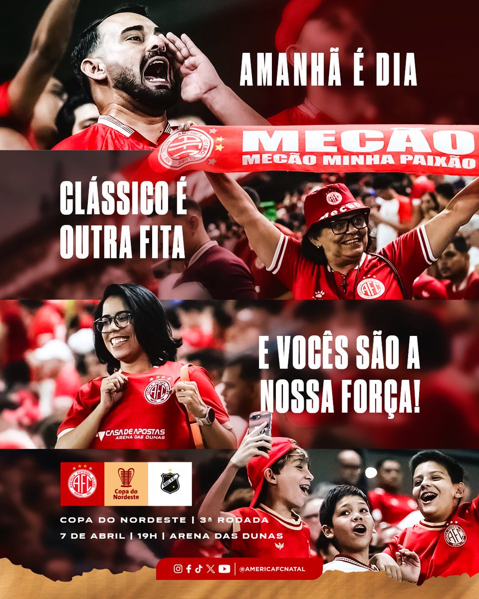 AmericaFCNatal's tweet photo. CLÁSSICO É OUTRA FITA E VOCÊS SÃO A NOSSA FORÇA! 👊🇦🇹

Amanhã, às 19h00, tem mais um Clássico-Rei! Desta vez, pela Copa do Nordeste. 🏆🌵

Garanta seu lugar na Arena e venha apoiar o Mecão! 🔥

📲 Sócio Mecão ou público geral: resgate ou compre seu ingresso em https://t.co/oEi77EZmtK
