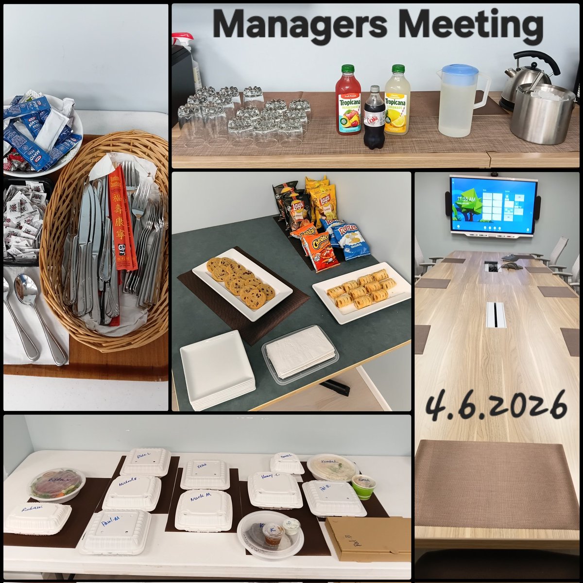 BHC Managers Lunch Meeting

✅ Table Laid Out

🍽🍪🧃✅ Chips, Cookies, Food, Pastries and Juice Delivered and Laid Out

💼✅ Ready For The Meeting

4️⃣.6️⃣.2️⃣0️⃣2️⃣6️⃣