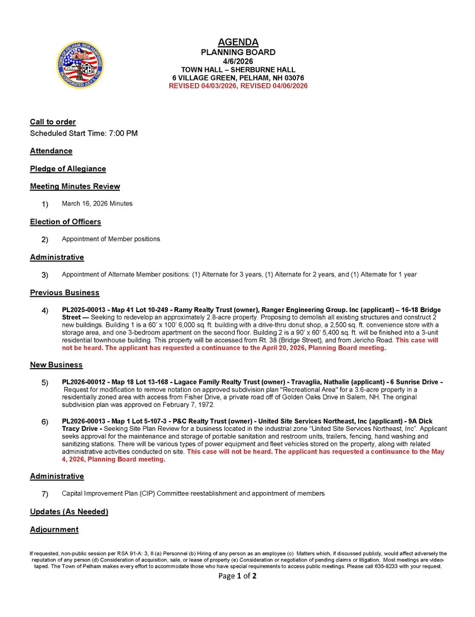 Revised Planning Board Meeting Agenda for 4-6-2026 at 7PM. The meeting will be held in Sherburne Hall.