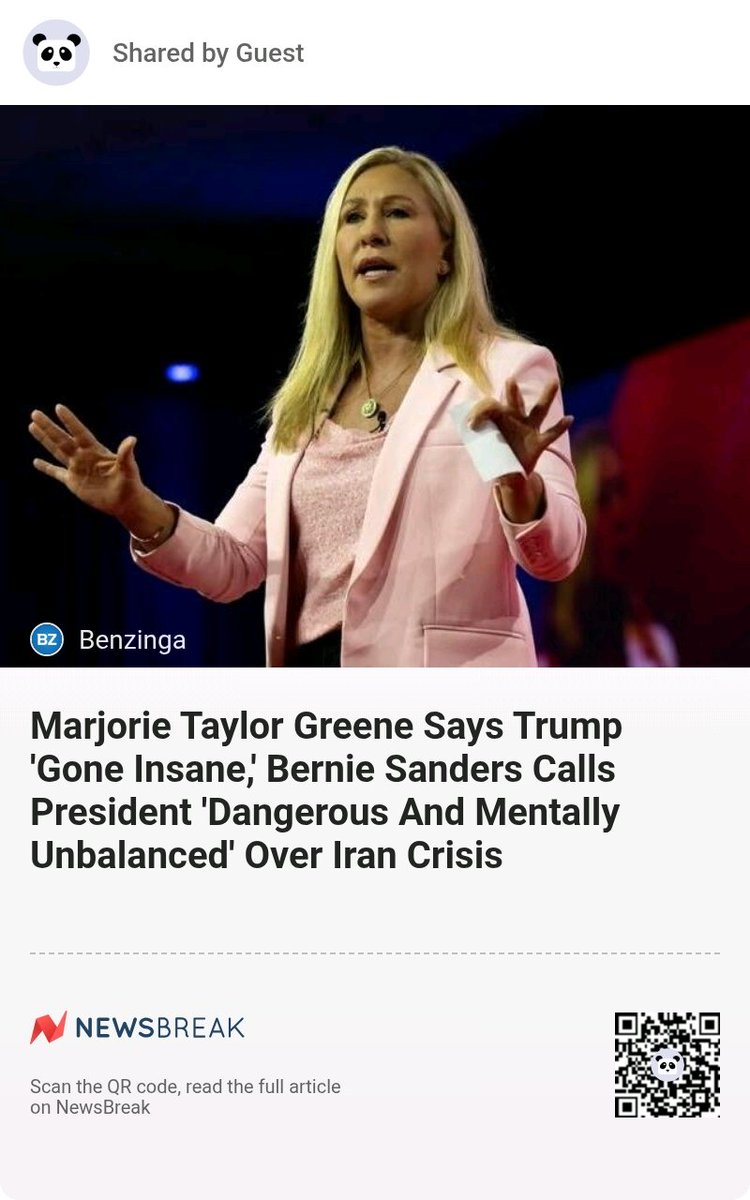 ALLREDToDoRoJo's tweet image. Marjorie Taylor Greene Says Trump 'Gone Insane,' Bernie Sanders Calls President 'Dangerous And Mentally Unbalanced' Over Iran Crisis #Iran #BernieSanders #DonaldTrump #mtg #MarjorieTaylorGreene
share.newsbreak.com/i0pqvuhx
