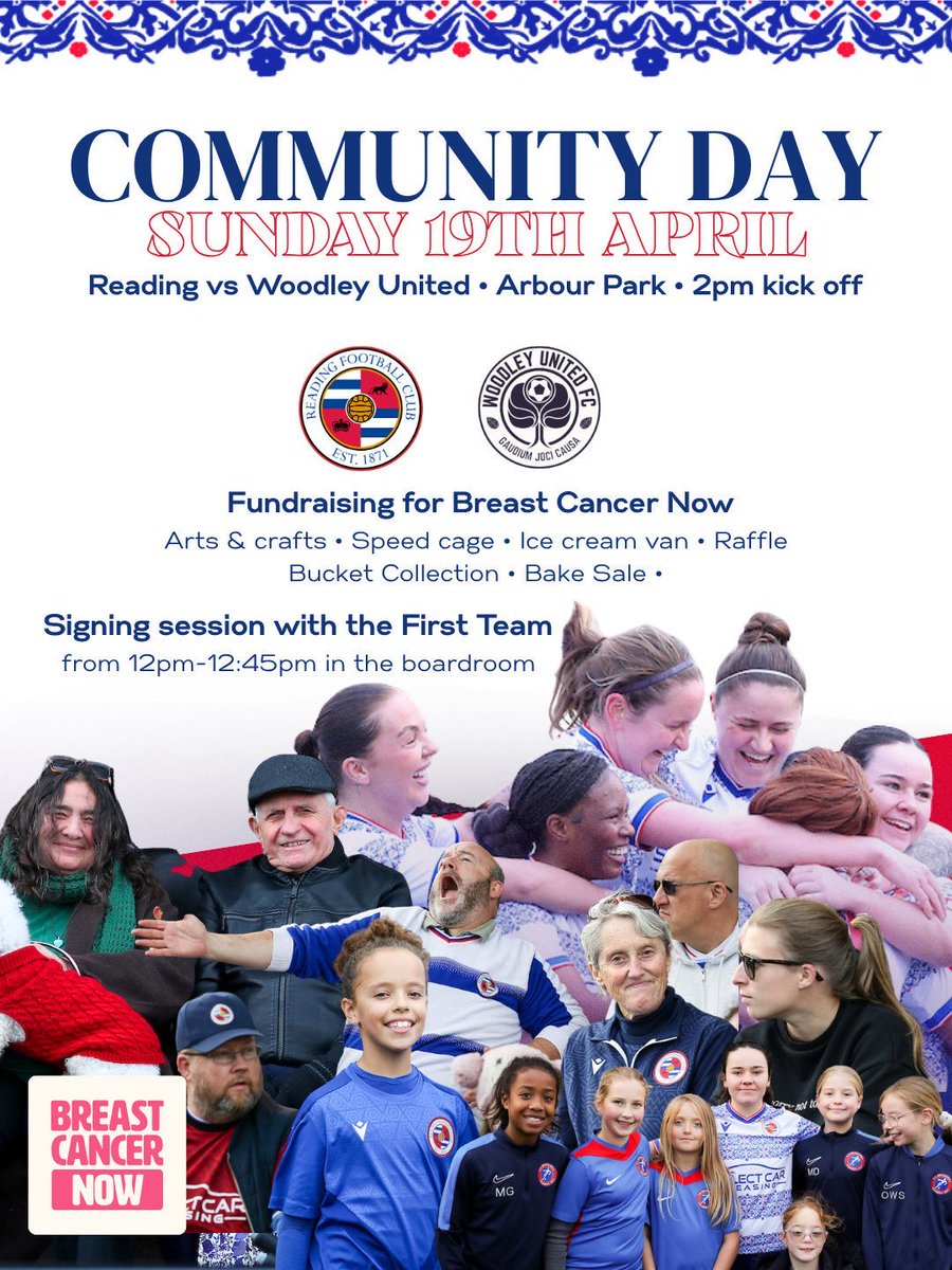ReadingFCWomen's tweet image. Community Day is on its way! 👨‍👩‍👧‍👦

Join us on Sunday the 19th of April with action against @WoodleyUtdLFC on the pitch and plenty of fun to be had off it! 

PLUS we’ll be raising funds for the fantastic work done by @BreastCancerNow 💕

@SthRgnWFL #readingfc