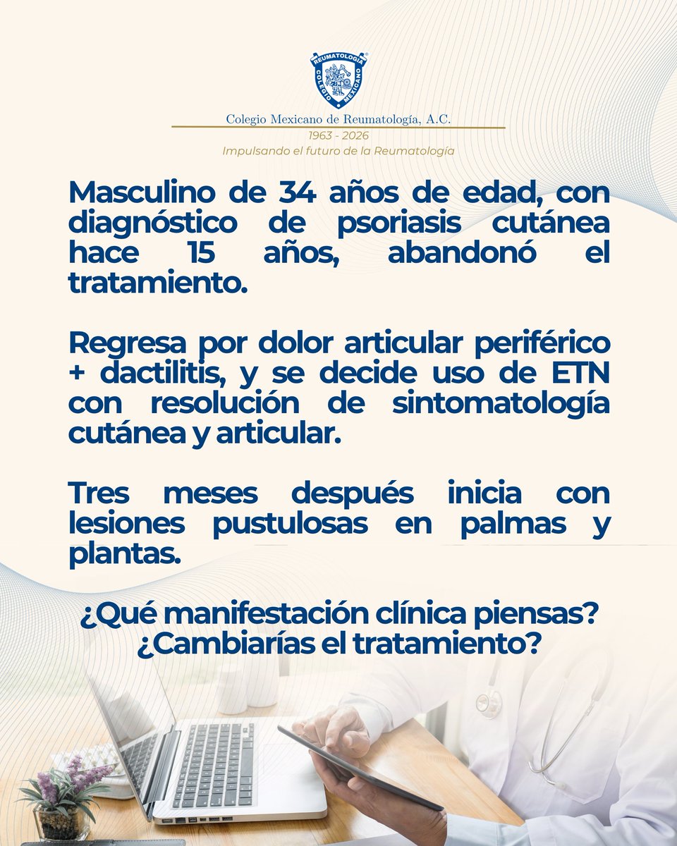 ColMexReuma's tweet photo. Caso Clínico.

Hoy te compartimos un caso que invita al análisis, la experiencia y la toma de decisiones.

🔍 ¿Qué harías tú ante esta evolución?
💡 ¿Mantendrías la misma línea terapéutica o replantearías el manejo?

Tu opinión suma y enriquece la discusión.

👇 Te leemos. https://t.co/SWQRc3x7dJ