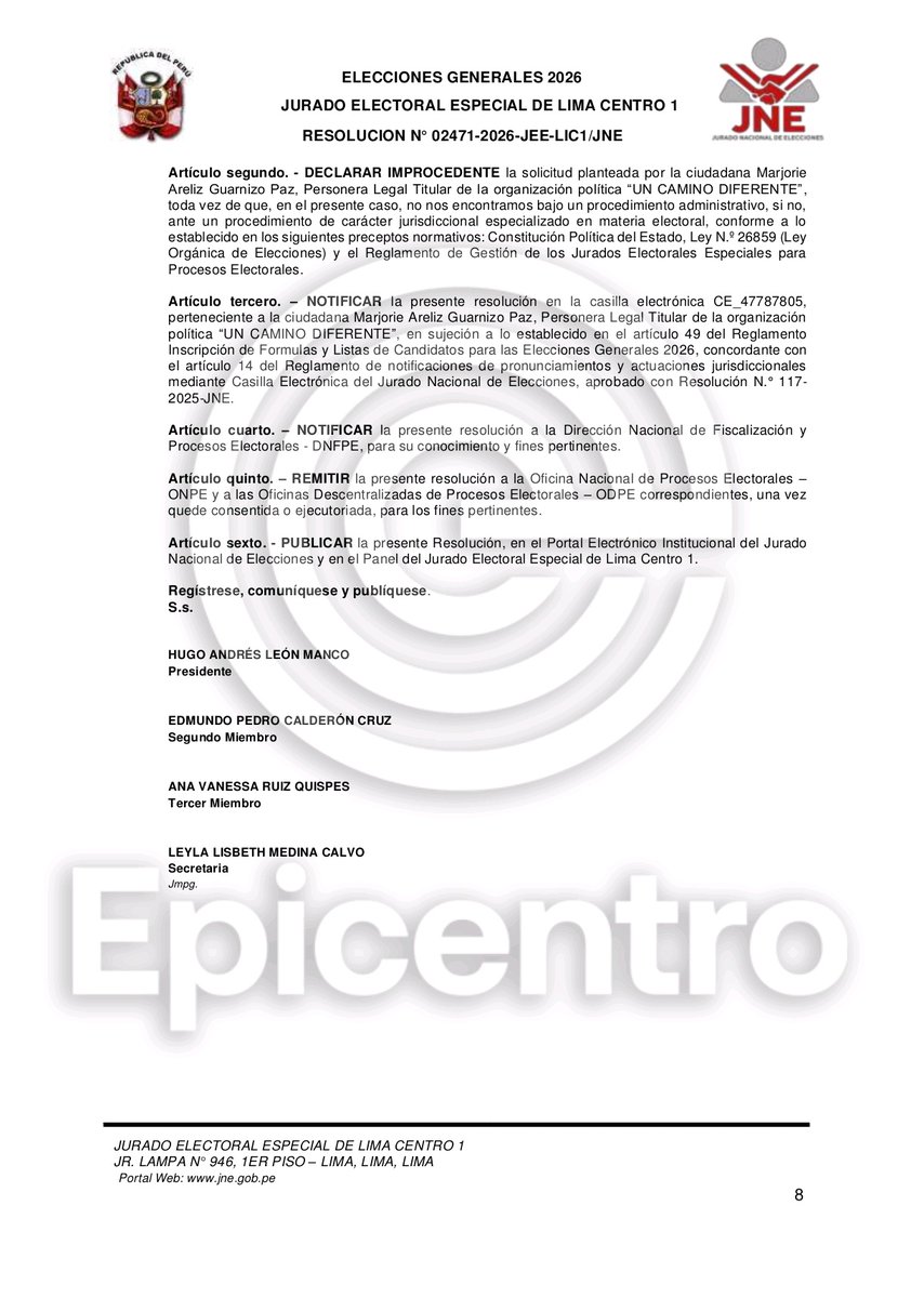 🚨Urgente: el Jurado Nacional de Elecciones decidio la exclusión del candidato a la vicepresidencia por el partido Un Camino Diferente, Arturo Fernández. La razón es que tiene una condena vigente.