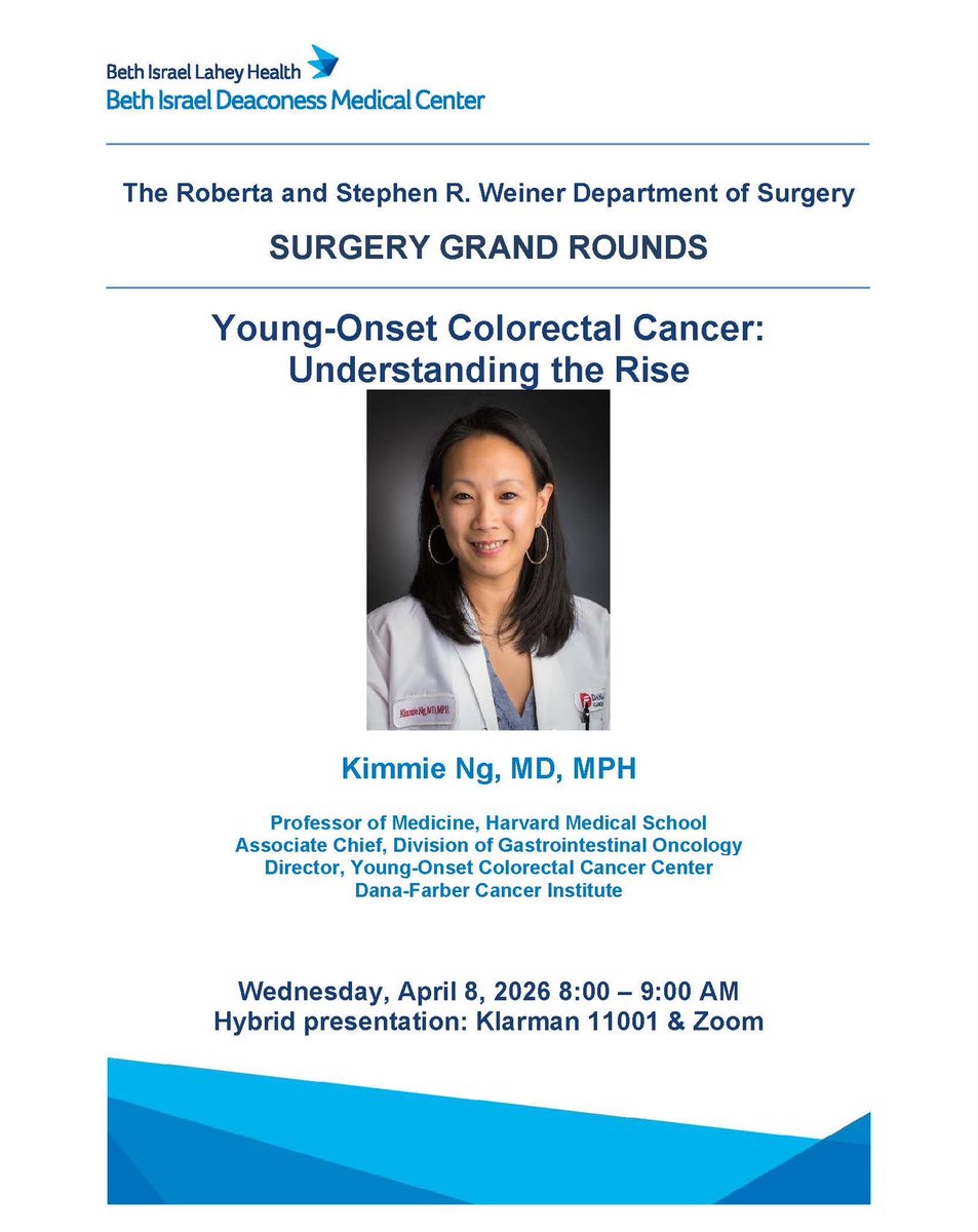BIDMCSurgery's tweet image. For Surgical Grand Rounds on Wednesday, 4/8, we will be joined by Kimmie Ng, MD, MPH on Young-Onset Colorectal Cancer: Understanding the Rise. 

To virtually join, email rbeijer@bidmc.harvard.edu for more details.

#BIDMC #Grandrounds