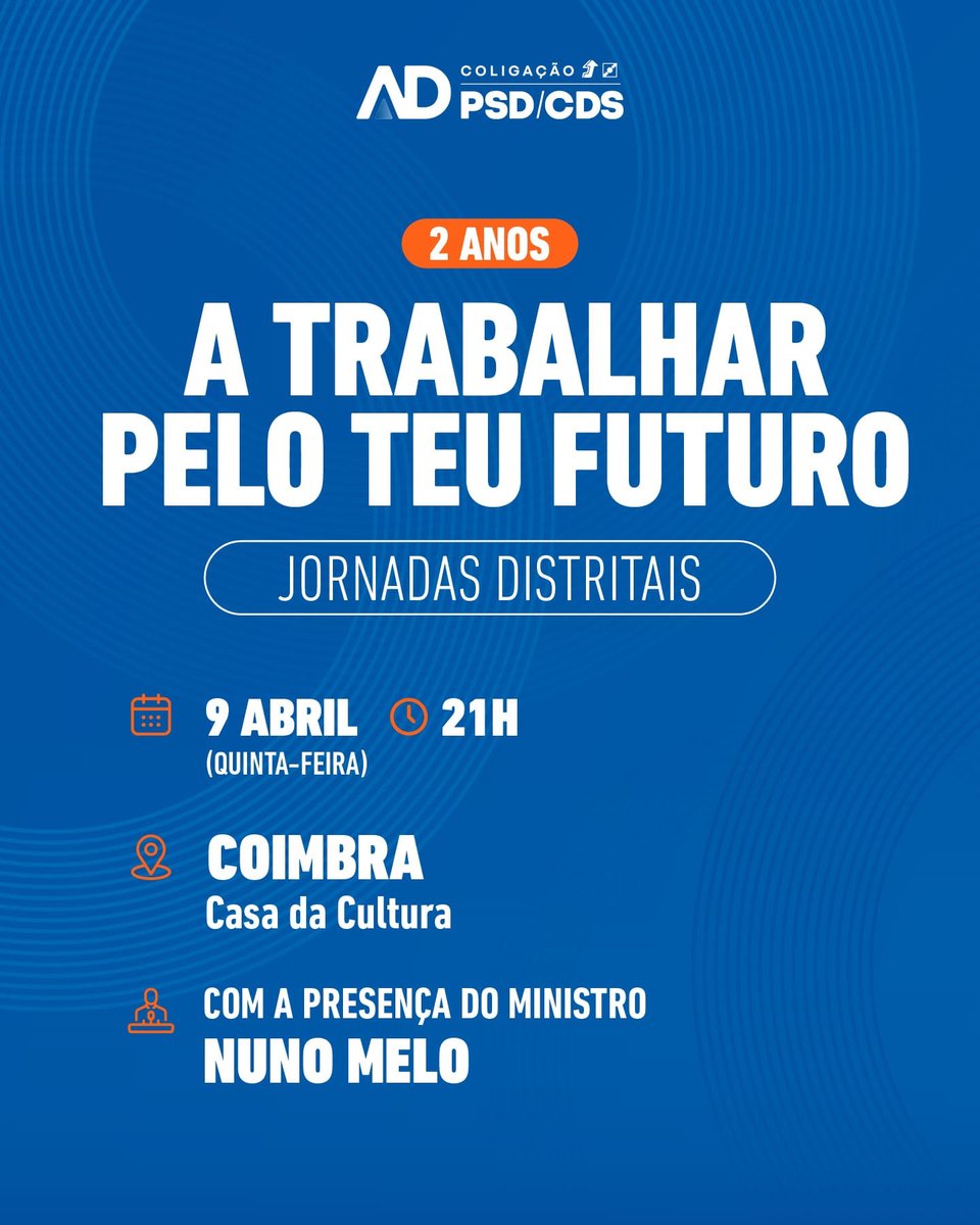 _CDSPP's tweet photo. 🇵🇹 2 anos a trabalhar por Portugal

🗓 As Jornadas Distritais da coligação vão percorrer todas as capitais de distrito.

👉🏼 Em Coimbra, o encontro contará com a presença do nosso presidente e Ministro da Defesa Nacional, Nuno Melo.

#CDSPP #AliançaDemocrática #Direita  #Portugal https://t.co/9CnkgbBxNk
