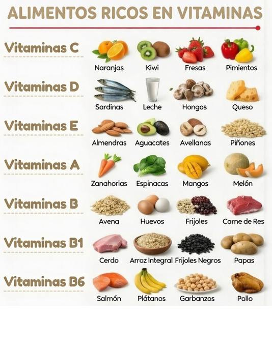 VirtudMental's tweet photo. ALIMENTOS RICOS EN VITAMINAS

Vitamina C
Naranjas
Kiwi
Fresas
Pimientos

Vitamina D
Sardinas
Leche
Champiñones
Queso

Vitamina E
Almendras
Aguacates
Avellanas
Piñones

Vitamina A
Zanahorias
Espinacas
Mangos
Melón

Vitamina B
Avena
Huevos
Frijoles
Carne de res

Vitamina B1
Cerdo
Arroz integral
Frijoles negros
Papas

Vitamina B6
Salmón
Plátanos
Garbanzos
Pollo

Vitamina K
Col rizada
Brócoli
Coles de Bruselas
Ciruelas pasas