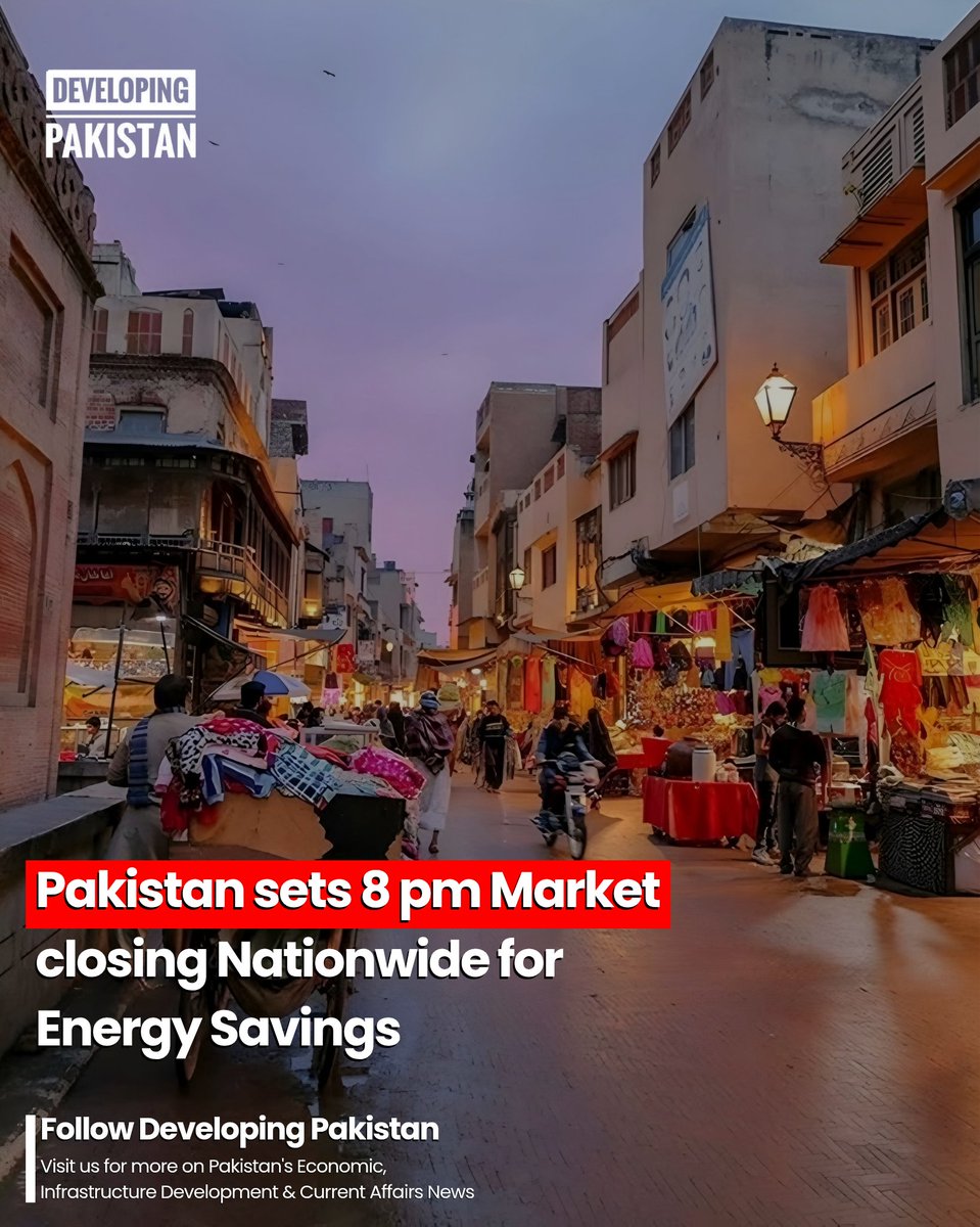 developingpak's tweet image. To support national energy-saving efforts, the government has announced standardized operating hours for businesses across the country. Following a high-level meeting chaired by PM #ShehbazSharif, the following schedule will be implemented:

#Retail &amp;amp; Malls: #Markets, shopping