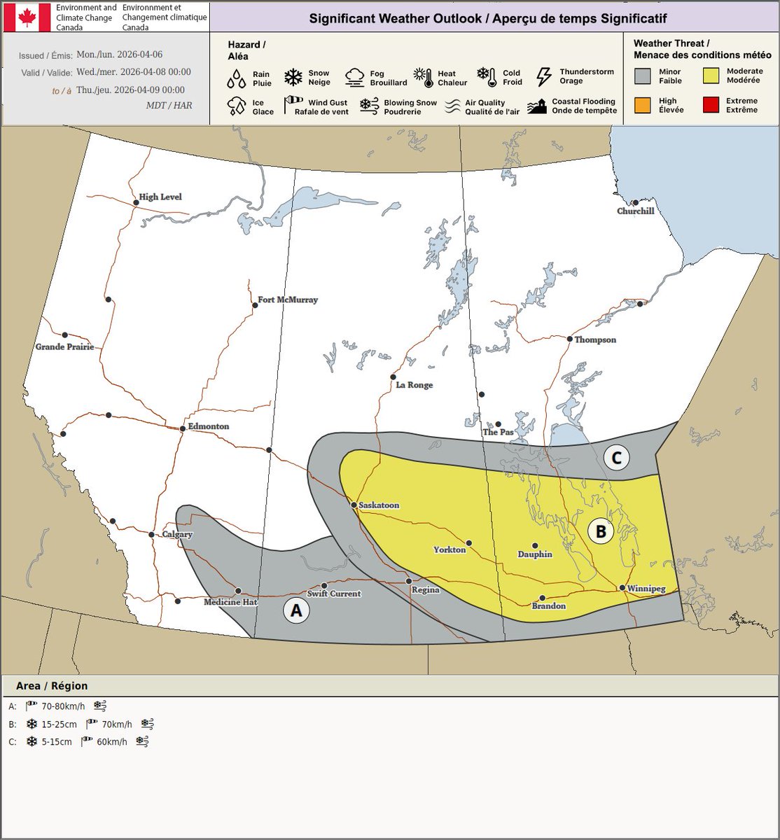 NZPChasers's tweet image. Updated ECCC weather map for Wednesday April 8th now includes Brandon and Winnipeg in the 15-25cm range:

A: 💨 70-80km/h wind gusts &amp;amp; blowing snow 
B: ❄️ 15-25cm, 💨 70km/h wind gusts &amp;amp; blowing snow 
C: ❄️ 5-15cm, 💨 60km/h wind gusts &amp;amp; blowing snow 

#skwx #MBwx #snowstorm
