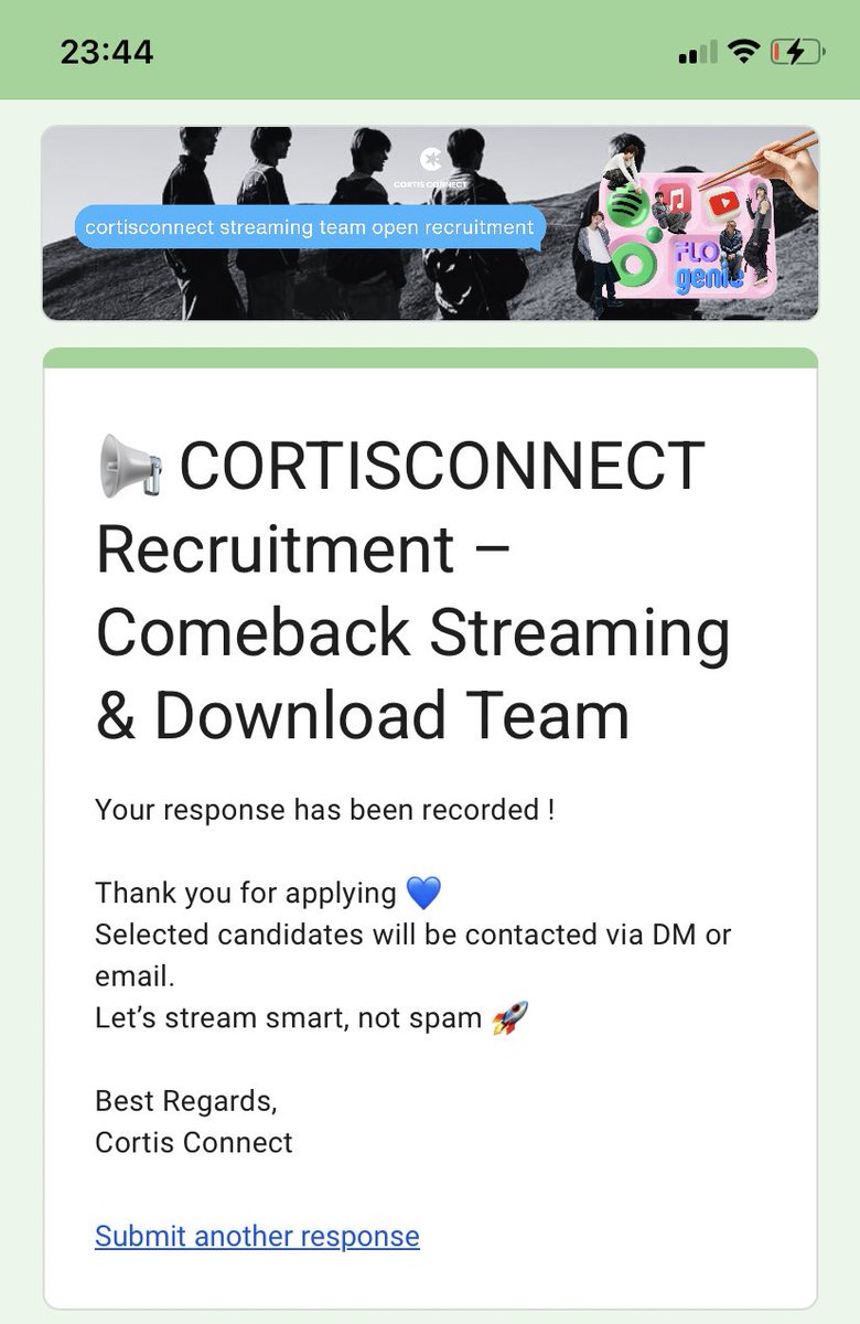 cortisadorer's tweet photo. Form submitted!
Ready for comeback #GREENGREEN ๐
Let's do this together!
#GREENGREEN #CORTIS #StreamingTeam https://t.co/QbhamGAL6I