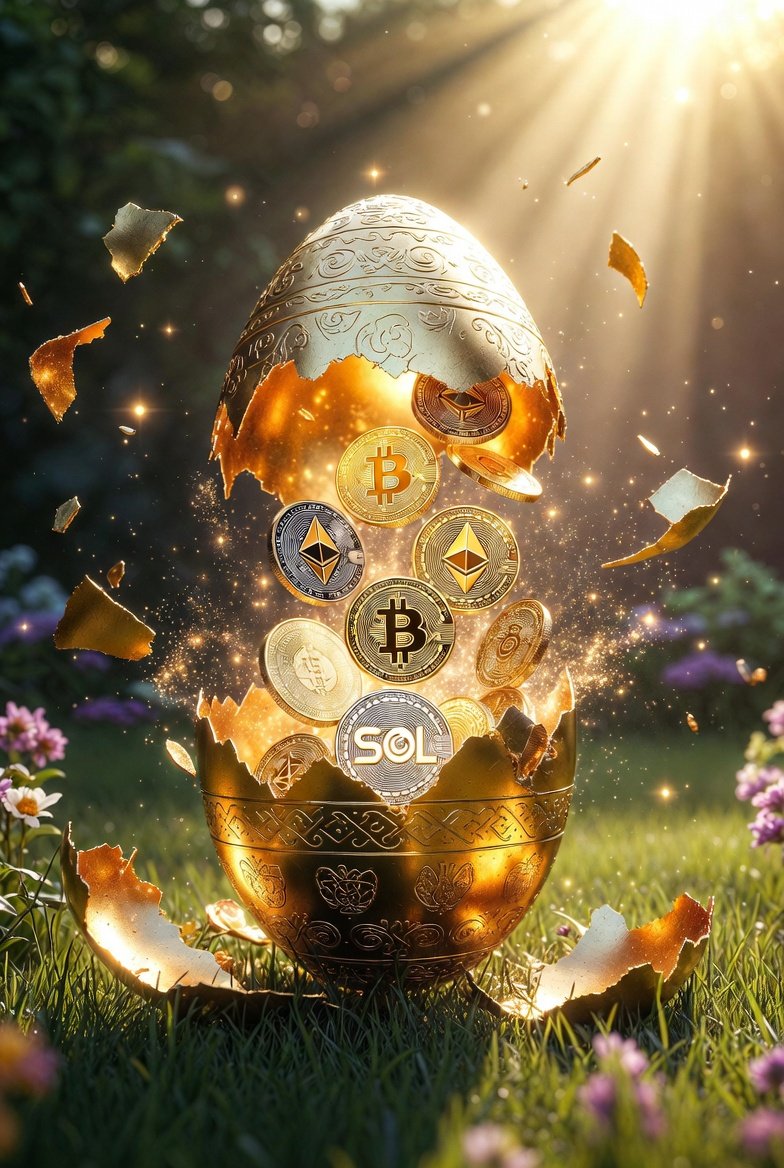 Yopsqy's tweet photo. @coinexcom My AI Easter Egg for @coinexcom 🥚 From red candles to golden riches! BTC, ETH &amp; USDT bursting out 💰 Indonesian freelancer ready for the bull run! Happy Easter! #CoinExEaster https://t.co/R2B5ypwTq3
