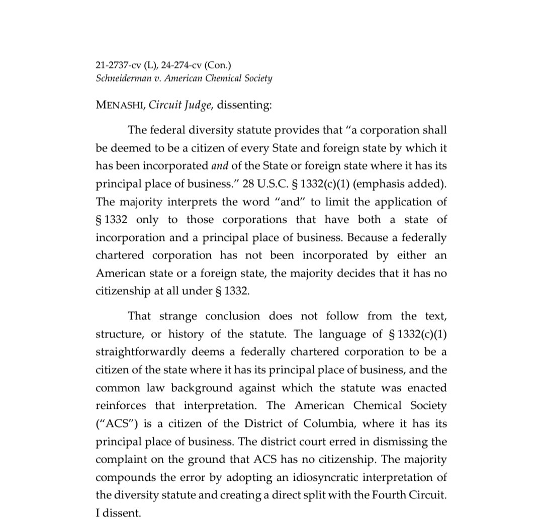 One way to bring a lawsuit in federal court is if the parties are "diverse"--in other words, they are not from the same State. What state is a federally chartered corporation from? Judge Raggi writing for the majority says no state, no jurisdiction. Judge Menashi dissents.