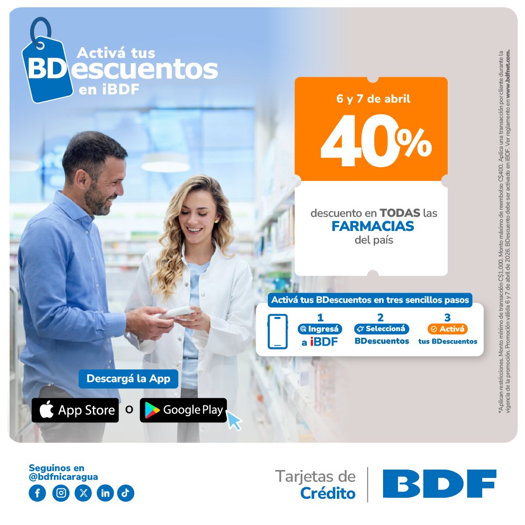 BDFNicaragua's tweet photo. Cuidarte también tiene recompensa. 💊✨

Este 6 y 7 de abril obtenés 40% de descuento en farmacias,
activalo en iBDF.

*Aplican restricciones.

📲 Descargá la App:
https://t.co/AGWqAz0Ock
https://t.co/O27c24UxsZ

👉 Si aún no tenés la tuya, solicitala hoy mismo aquí:
https://t.co/7IV17EjTAK

💻 Para más información escribinos a nuestro WhatsApp
https://t.co/7H5OQI7Iqk o visitá https://t.co/4ekRMsLqNP

Más que un banco, somos tu aliado.