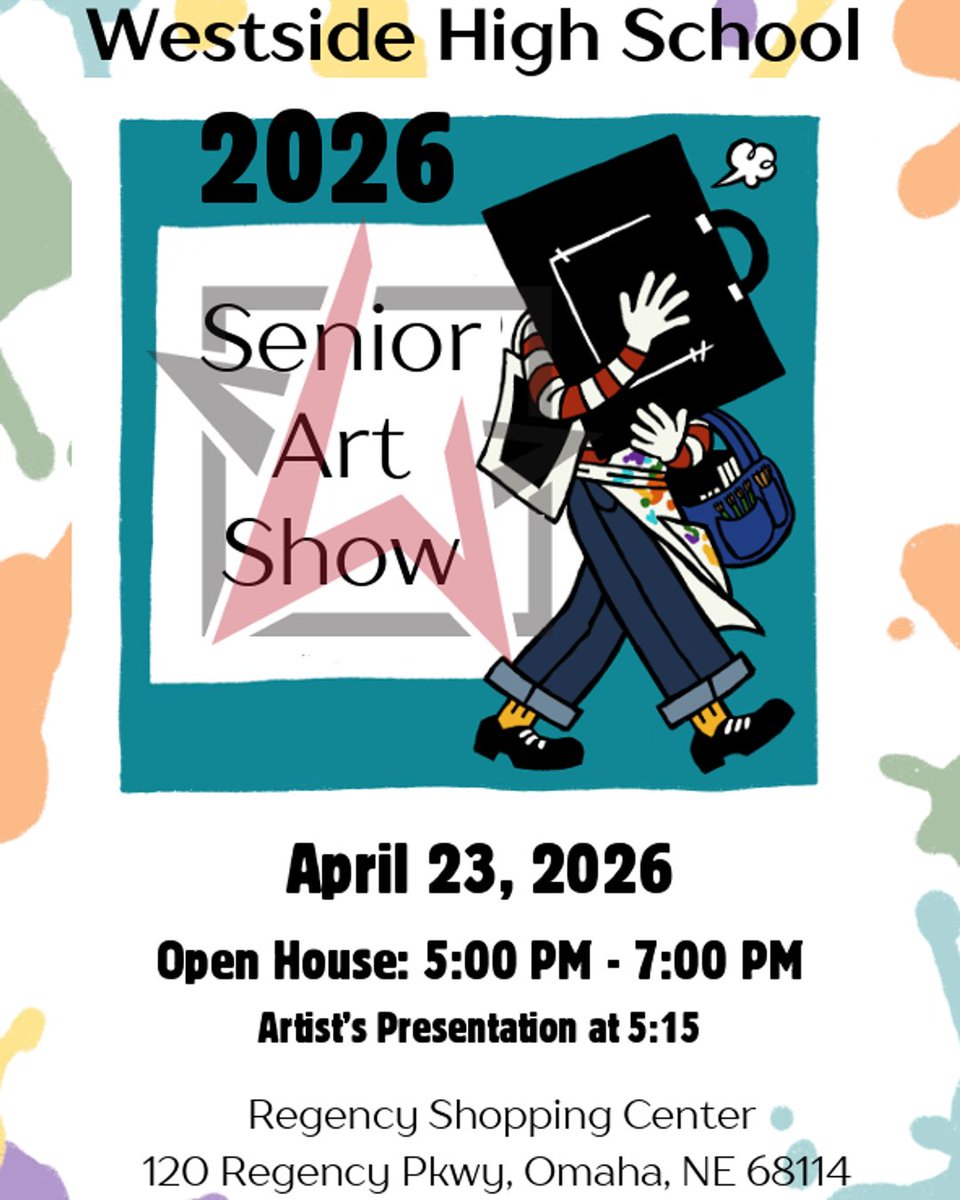 WestsideHigh66's tweet photo. Mark your calendars now for the WHS Senior Art Show celebrating the Class of 2026. The open house will be on April 23, 2026 from 5-7pm at the Regency Shopping Center. #rollside #WeAreWestside https://t.co/9oTeE8uR2M
